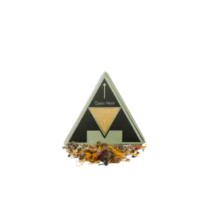 Classic Blend herbal smoking mix in a triangle box with loose dried botanicals and flowers spilling out at the base