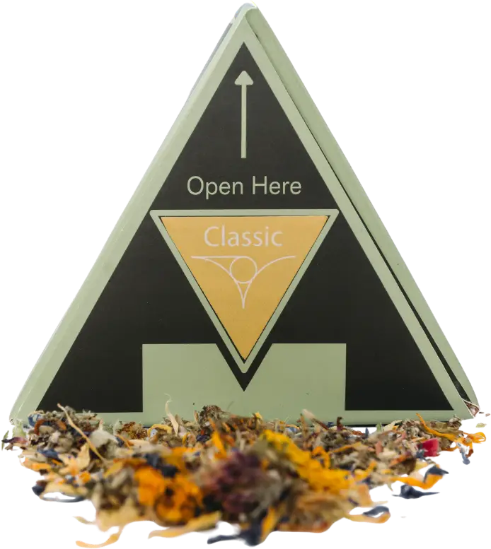 Classic Blend herbal smoking mix in an open triangle box with loose dried botanicals, calendula flowers and herbs spilling out at the base