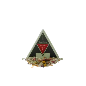 Smooth Blend herbal smoking mix in a triangle box with loose dried botanicals, rose petals and flowers spilling out at the base