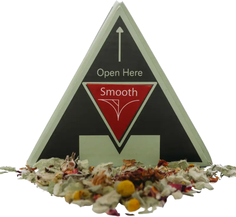 Smooth Blend herbal smoking mix in an open triangle box with loose dried botanicals, rose petals and flowers spilling out at the base
