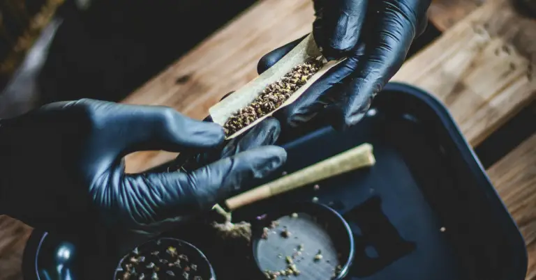 Hands in black gloves rolling a herbal cigarette with loose leaf botanical blend on a dark tray